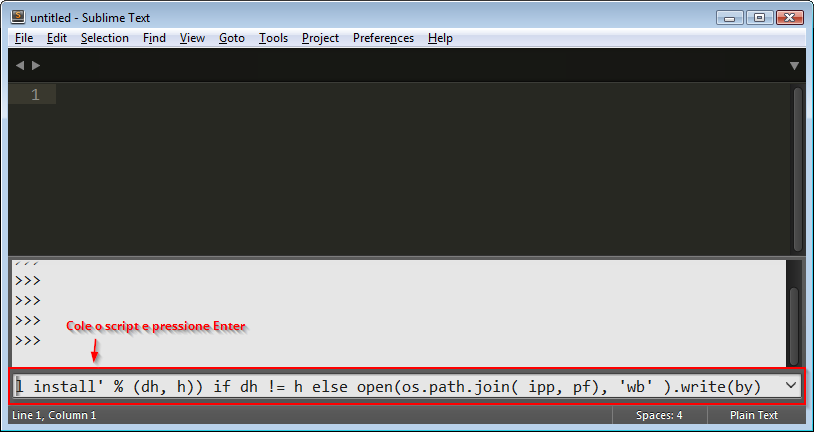 Colando o script de instalação do Package Control no console do |ST|