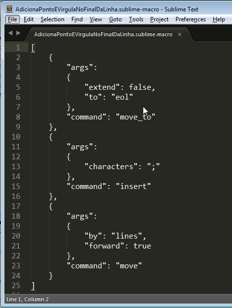Exemplo de arquivo de macro para adicionar ponto-e-vírgula ao final de uma linha