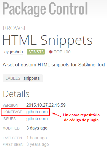 Exemplo de página de plugin no site do Package Control